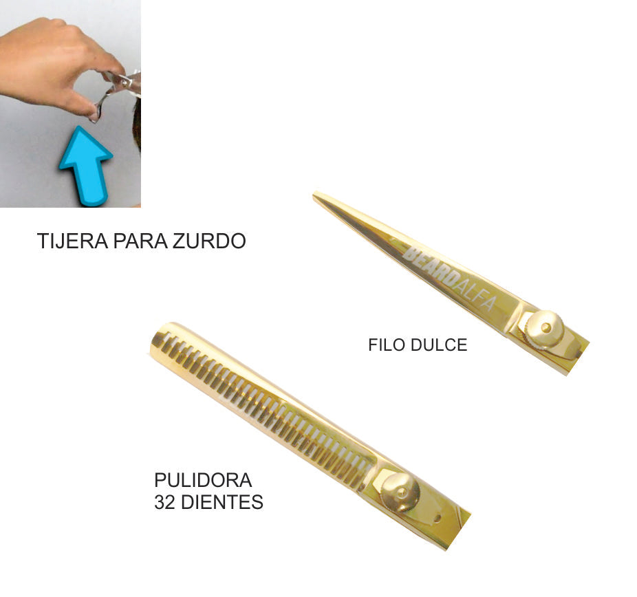 Beard Alfa | Tijera Filo Dulce + Pulidora ZURDOS Pack 6.5 Gold