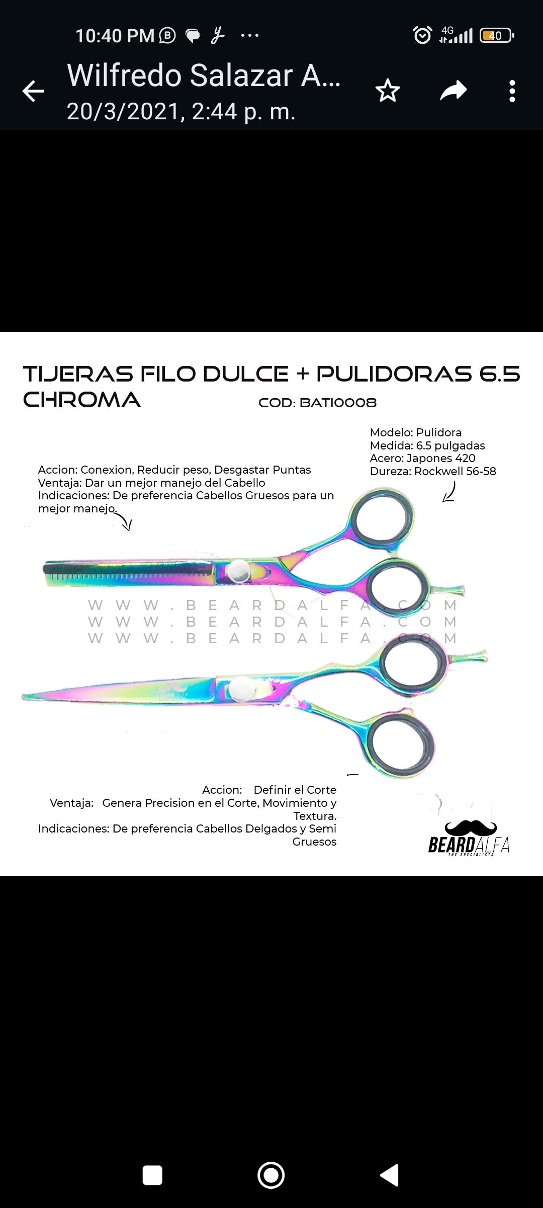 Beard Alfa |  Tijera Filo Dulce + Pulidora Pack 6.5 Tornasolada.