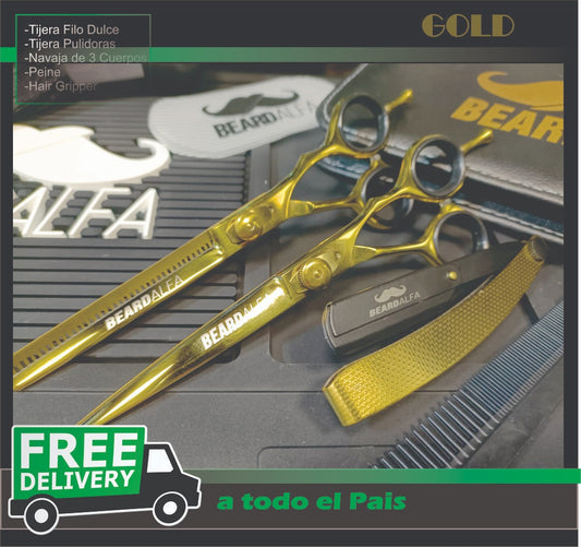 Beard Alfa |  Tijera Filo Dulce + Pulidora Pack 6.5 Gold
